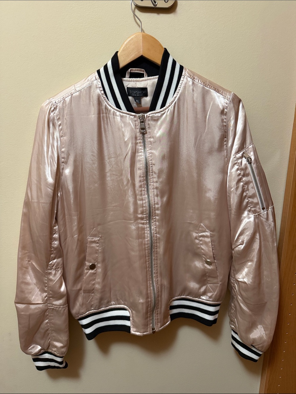 Topshop Rose Gold Satin Bomber Jacket with Striped Trim